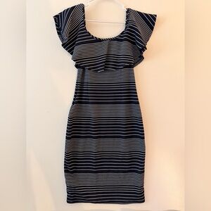 Romeo & Juliet Couture Navy and White Striped Ruffle-Sleeve Mini Dress